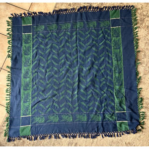 APRIL CORNELL Vintage Home goods Fringe Leaf Print Blue Green Throw Blanket